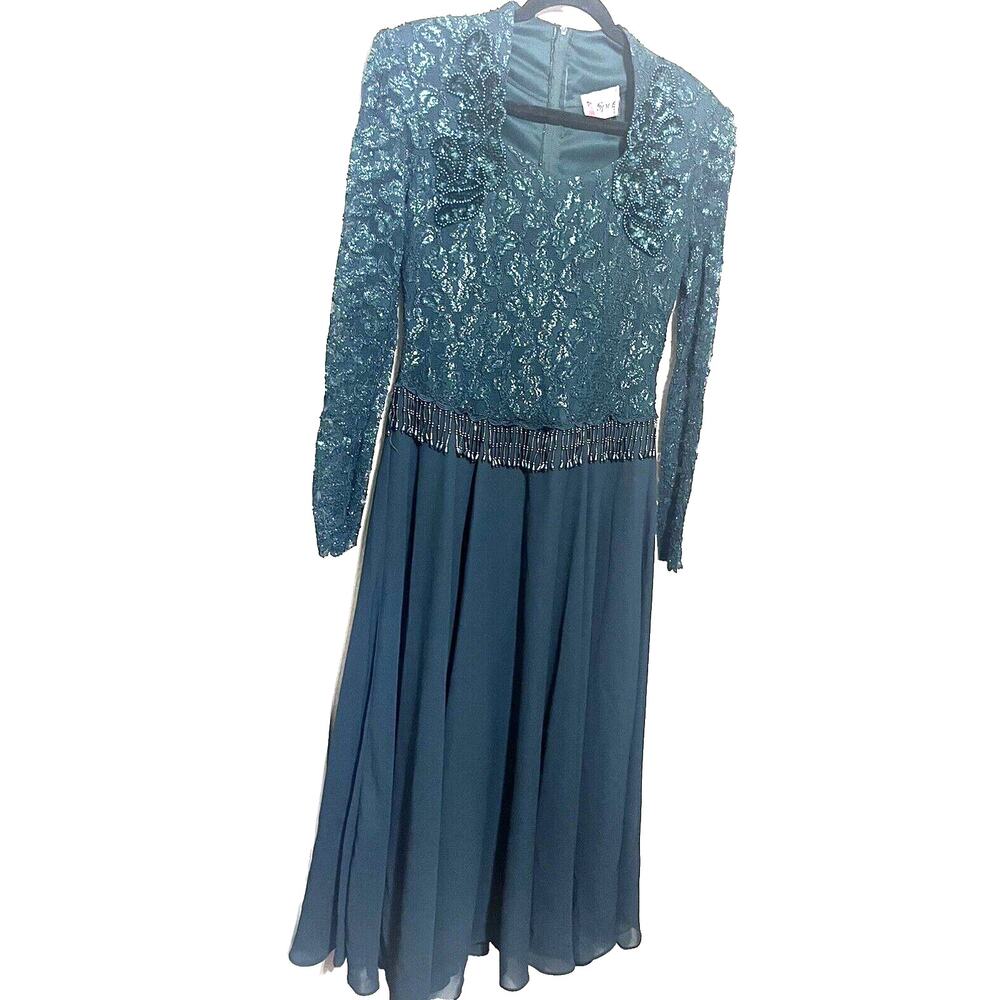 Vintage Green Cocktail Dress Sequins Beaded Midi Full Skirt Gown Sz 6/8